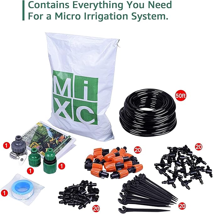 MIXC 1/4-inch Mist Irrigation Kits Accessories Plant Watering System with 50ft 1/4” Blank Distribution Tubing Hose, 20pcs Misters, 39pcs Barbed Fittings, Support Stakes, Quick Adapter, Model: GG0B