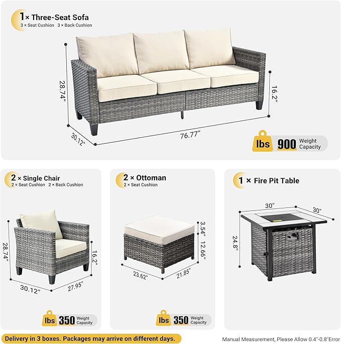 ovios 6 Pieces Patio Furniture Set with 30" Fire Pit Table, Outdoor Wicker Sofa with Comfy Cushions, All Weather High Back Rattan Couch Conversation Set, Beige