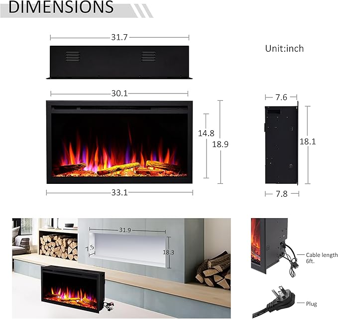 LegendFlame 33" W Smart Wall Mount & in Wall Recessed Electric Fireplace Insert, Heater 750W/1500W, Multi Colors of Flame & Fuel Bed, Alexa/Google Assistant Enabled