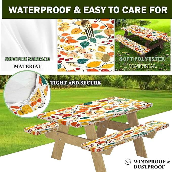 CAPSCEOLL Fitted Picnic Table Cover with Bench Covers with Elastic 6Ft Waterproof Camping Picnic Table Cover Cloths for Outdoors Camping Tablecloth with Drawstring Bag, 72X30in, Fall Leaves