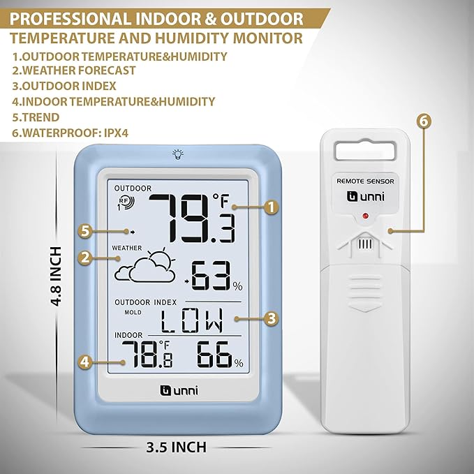 Indoor Outdoor Thermometer Wireless Weather Station, Temperature Humidity Monitor Battery Powered with 330ft Range Remote Sensor and Backlight Display(Light Blue)