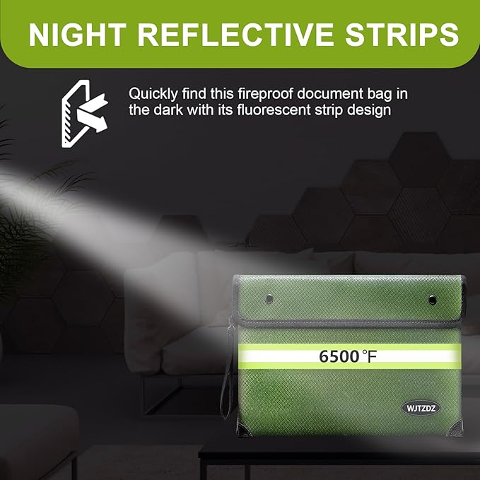 6500°F Fireproof Document Bag,Upgraded Fireproof/Waterproof Money Bag with Zipper/Reflective Strip,Storage Pouch for A4 Letter Size Document,Cash,Cell Phone,Passport