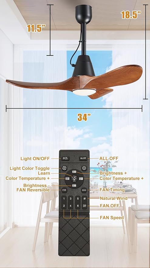 3 Blades Wood Outdoor Ceiling Fan with Light for Patios, Farmhouse Rustic Ceiling Fans with Lights, 34" Plug-in Wet Rated Outdoor Gazebo Fan for Exterior House Porch Patio, Waterproof,F247