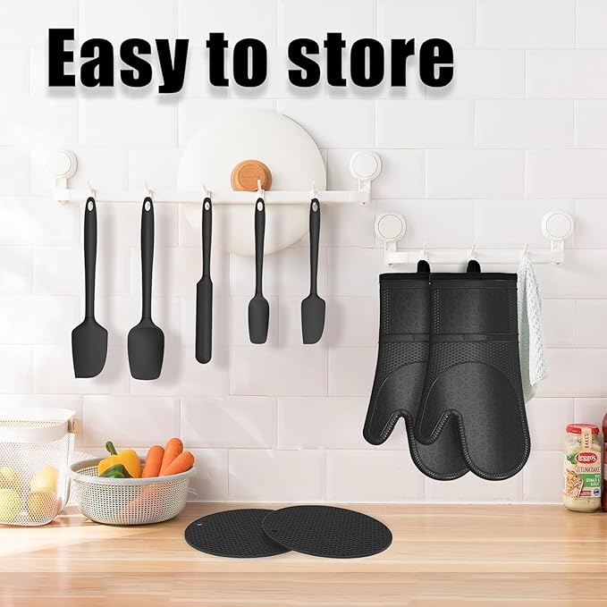 Oven Mitts with Heat-Resistant Hot Pads and Five Silicone Spatulas Designed for Kitchen Baking Cooking, Oven Glove Soft Cotton Lining, Waterproof, BPA-Free (New-Black, 12.6)