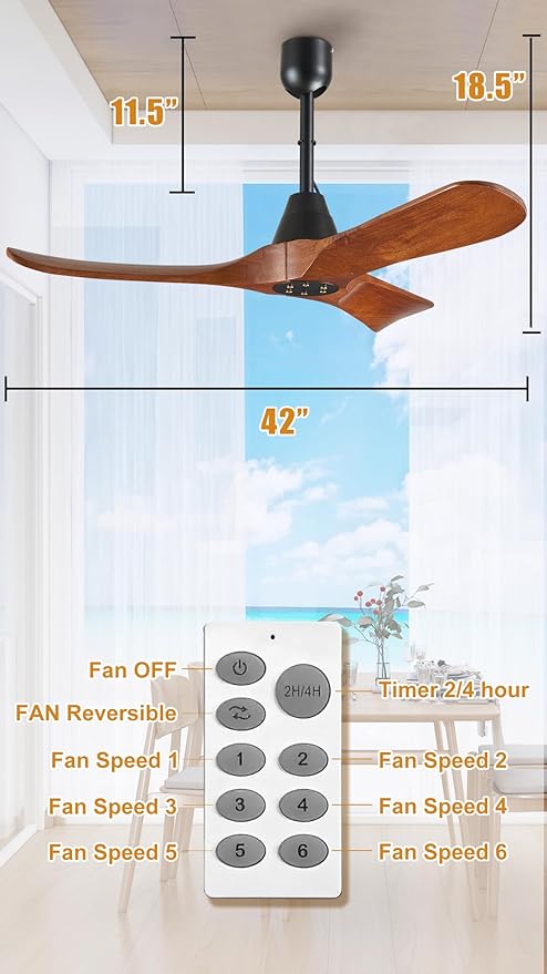 3 Blades Wood Outdoor Ceiling Fan for Patios, Farmhouse Rustic Ceiling Fans, 42" Plug-in Wet Rated Outdoor Gazebo Fan for Exterior House Porch Patio, Waterproof,F246