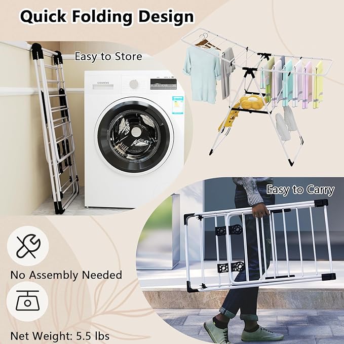 Tangkula Clothes Drying Rack, Collapsible Laundry Rack with Hanging Rods, Shoe Hangers, Adjustable Gullwing and Foldable Design for Space-Saving, Stainless Steel Clothing Shelf