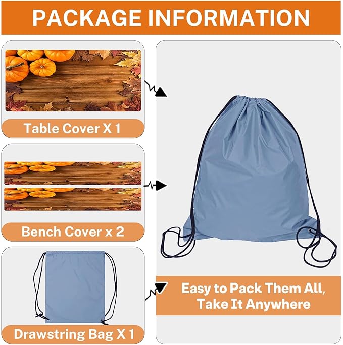 Picnic Table Cover with Bench Covers Elastic Edges, Pumpkin Fall Fitted Table Cover, Outdoor Patio Camping Essentials 72 Inch 3PCS, Waterproof Camping Fitted Tablecloth with Drawstring Bag