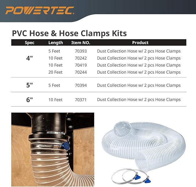 POWERTEC 4" x 5' Dust Collection Hose with 2pcs Key Hose Clamps for Table Saw, Band Saw, Planer, Jointer, Woodworking and Wood Shop Dust Collection System (70393)
