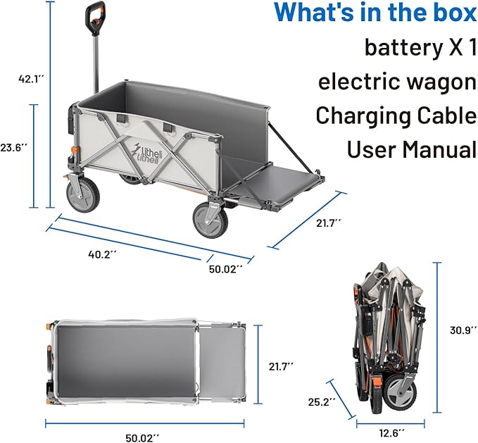 Litheli Electric Utility Wagon Cart, 200L Capacity, 300 lbs Load, Foldable Heavy-Duty Design with All-Terrain Wheels, Variable Speed Drive & Battery Power for Camping, Beach, Garden & Shopping