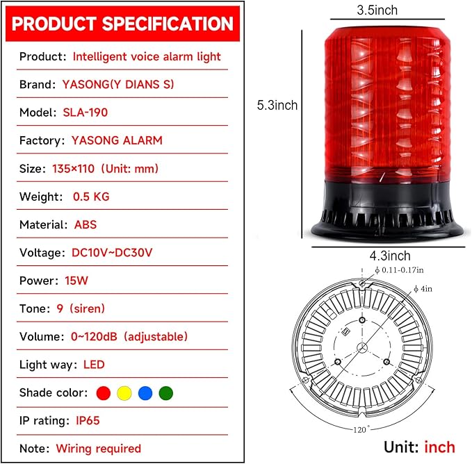 LED Strobe Siren Light Industrial Beacon Warning Light with 9 Tone, 4 Flash Modes 120dB Loud Horn Car Alarm Siren IP65 Waterproof for Vehicles, Truck, Forklift, Workshop Emergency DC10V-30V