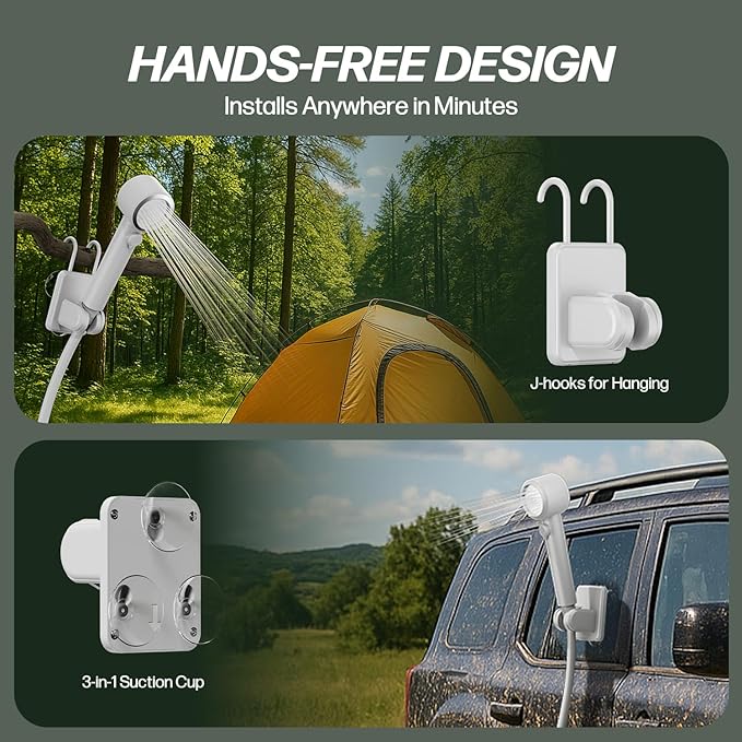 Portable Shower for Camping, Powerful 10L/Min Water Flow, Rechargeable Shower Pump with Bath Sponge, 4 Spray Modes, IPX8 Waterproof, 7800mAh Battery, Ideal for Hiking, Travel, Car Wash, Pet