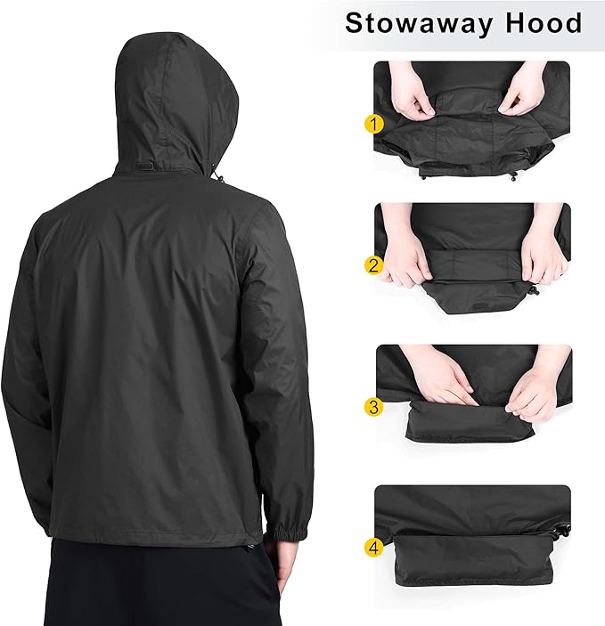 Outdoor Ventures Men's Rain Jacket Waterproof Lightweight Packable Rain Shell Raincoat with Hood for Golf Hiking Travel