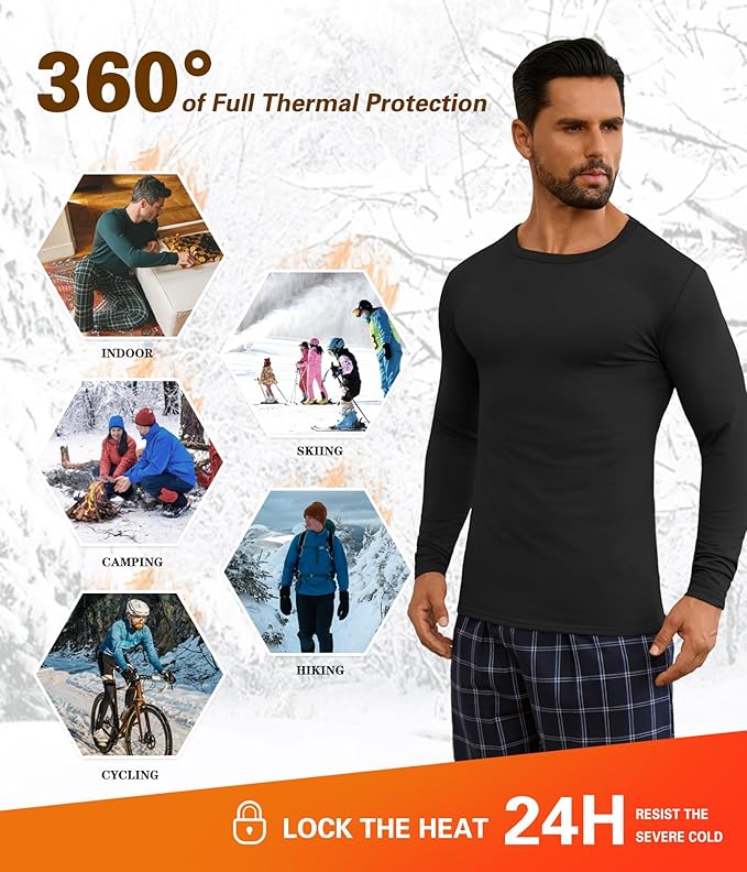 URRU Thermal Underwear for Men High Stretch Fleece Lined Long Sleeve Crewneck Thermal Shirts Base Layer Top Men Cold Weather