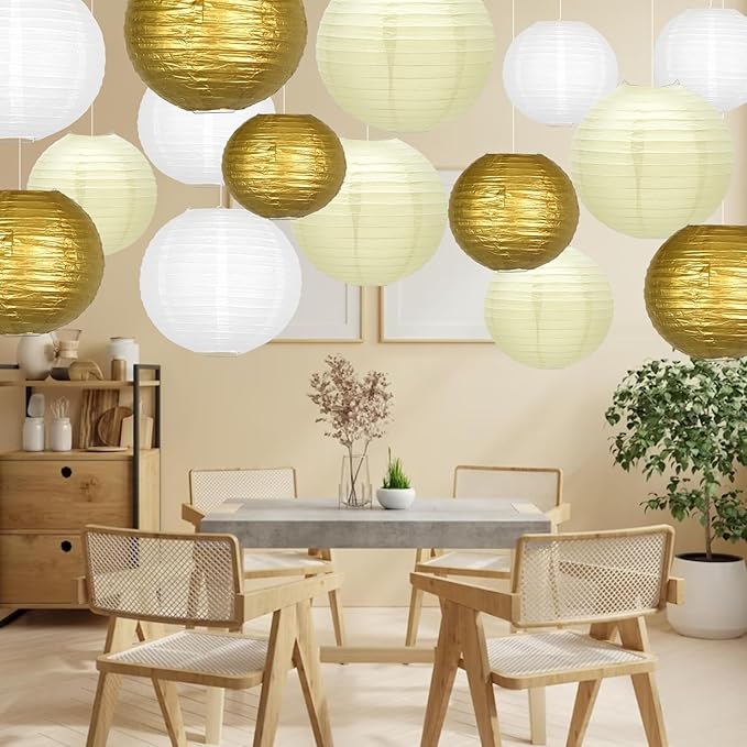 Chinese Paper Lanterns Decorative 15pcs Hanging Gold Paper Lanterns for Wedding Graduation Anniversary Birthday Party Decorations