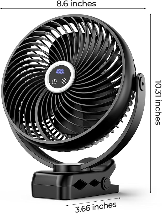 Koonie 10000mAh Portable Clip on Fan with LED Lantern and Hook, 8'' Battery Operated Desk Fan, Quiet Camping Fan with LED Digital Display, 360° Rotation & 3 Speeds for Travel Tent Gym Treadmill