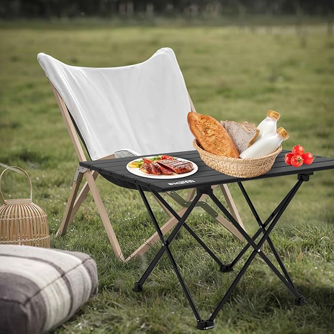 Portable Camping Table, Compact Camping Side Table with Carrying Bag, Ultralight Aluminum Beach Table Folding for Hiking, Camping, Picnicking, BBQ, Outdoor Cooking (Black Medium 22")