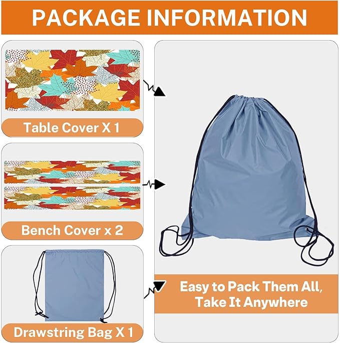 Picnic Table Cover with Bench Covers Elastic Edges, Fall Leaves Fitted Table Cover, Outdoor Patio Camping Essentials 72 Inch 3PCS, Waterproof Camping Fitted Tablecloth with Drawstring Bag