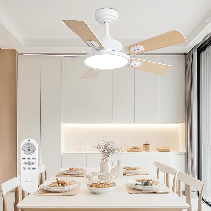 42" Ceiling Fans with Lights Remote Control, White Ceiling Fan with Dimmable LED Light 3CCT, 6 Speeds Reversible Wood Ceiling Fan Light for Bedroom, Farmhouse, Garage, Indoor Use