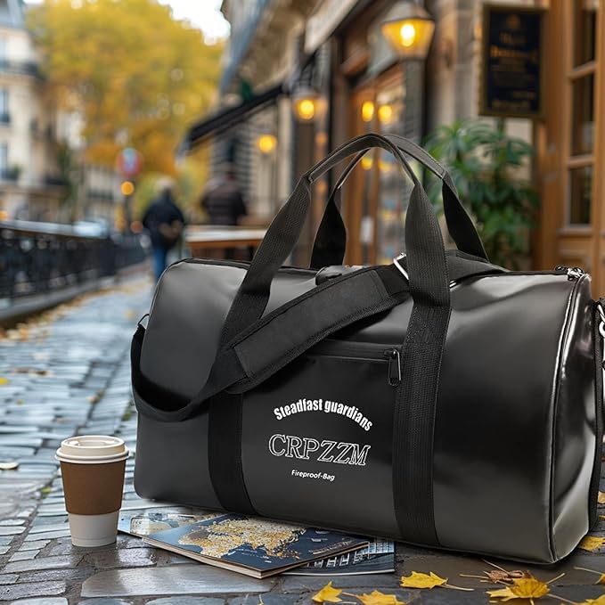 fireproof waterproof travel duffle bag,fireproof bag with lock,Waterproof is suitable for indoor storage, travel, camping and other scenarios (black, 17 * 10 * 8.6 inch)