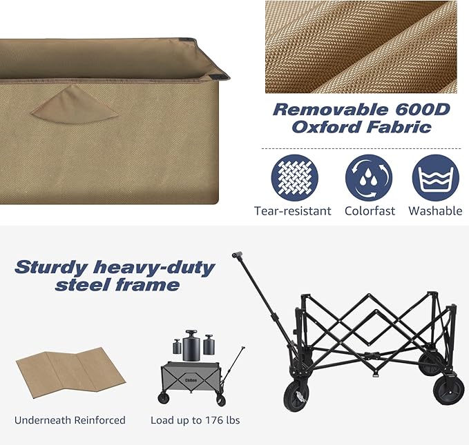 Chihee Folding Beach Wagon Cart Garden Cart Heavy-Duty with 2 Cup Holders,Camp Cart for Gimballed Wheels with Braking System Large Capacity Removable Fabric,for Sporting Events,Camping,Beach Trips