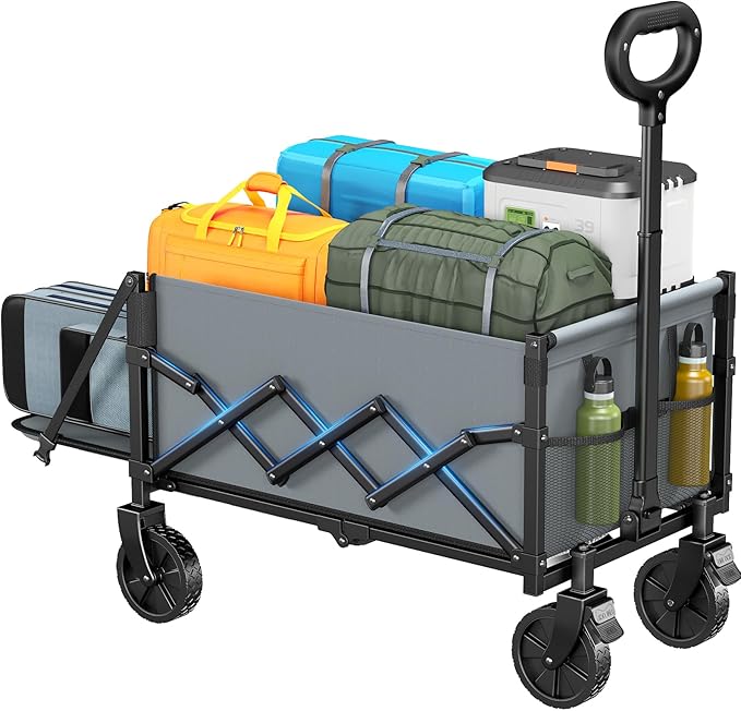 Small Wagon Cart Foldable, Collapsible Wagon with 360 LBS Max Load & Expandable Storage, 90L Foldable Grocery Cart with 2 Cup Holders for Outdoor, Garden, Camping &Groceries-Grey