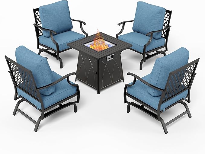 Patio Furniture Set with Fire Pit Table, 5 Pcs Metal Outdoor Conversation Set, 4 Swivel Chairs with 5.75" Extra Thick Cushion and 28" Fire Pit Table for Backyard Deck, Navy Blue