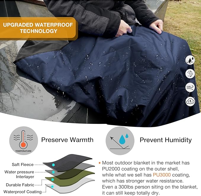 DUKUSEEK Large Waterproof Stadium Blanket for Cold Weather, Soft Warm Fleece Camping Blanket Windproof for Outdoor Sporting Events, Football Games,Navy Blue