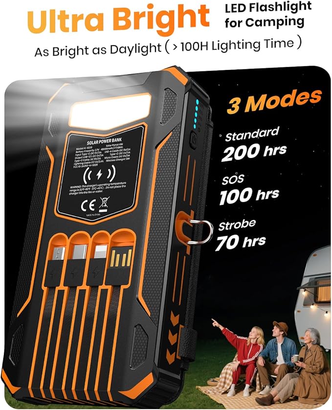 SOARAISE Solar Charger Power Bank - 48000mAh Wireless Portable Charger Built-in 4 Cables and 4 Solar Panels, PD QC 3.0 Fast Charging USB C Battery Pack with Flashlight for Camping Travel