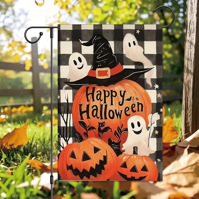 Happy Halloween Garden Flag 12X18 Inch Double Side,Ghost Outside Yard flag, Pumpkin Jack O Lantern Small Garden Flag Decorative,Outdoor Flag for Holiday Patio Courtyard Lawn