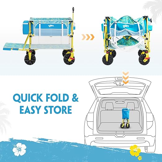 400L Collapsible Double Decker Beach Wagon with Cooler Bag, 450LBS Heavy Duty Folding Beach Cart with 54" Extra-Long Tailgate, All-Terrain Big Wheels with Brakes for Outdoor, Camping, Sports, Shopping