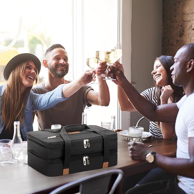 Stack Store Plus More Insulated Casserole Carrier for Hot or Cold Food, Lasagna Holder for Picnic, Potluck, Cookout - Fits 9” x 13” and 11” x 15” Baking Dish – Expandable Double Thermal Bag in Black