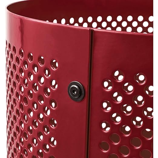 Global Industrial 32 Gallon Outdoor Perforated Steel Round Trash Can with Rain Bonnet Lid, Plastic Liner and Anchor Kit Included, 23-1/2" Diameter x 40-1/2"H, Red