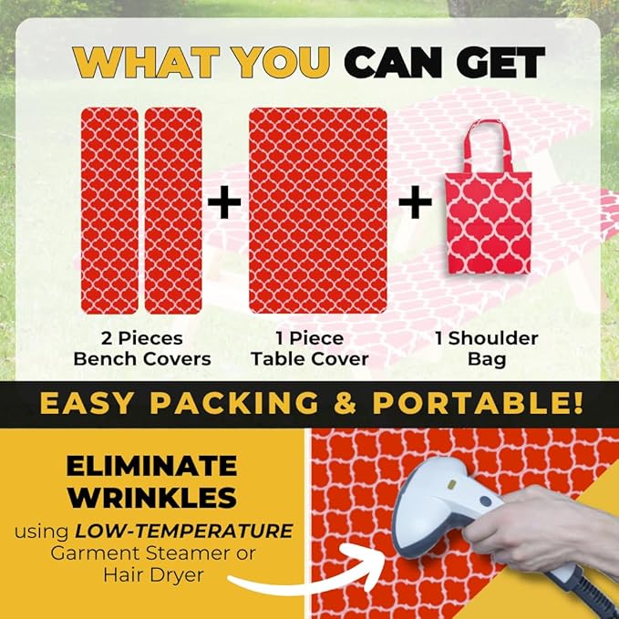 RNOONY Fitted Picnic Table Cover with Bench Covers and Bag, 6ft Outdoor Waterproof Windproof Picnic Tablecloth with Elastic Edges. Camping RV Gear Must Have 72x30 Inches 3 Pcs Set (Red Moroccan)