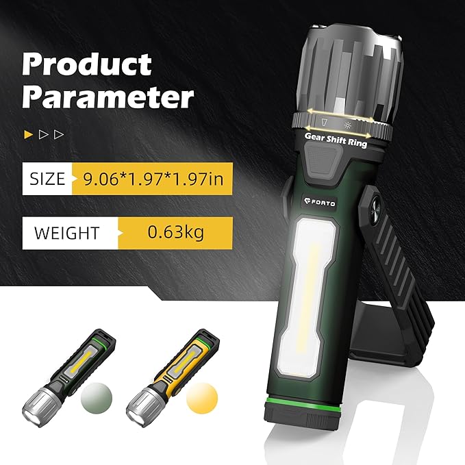 FORTO Rechargeable Work Light 2000LM Magnetic Flashlight, IPX8 Waterproof, 5000mAh, 240° Rotating Handle, for Garage, Camping, Car Repair, Hiking, Power Outage, Jobsite, Emergency (Green)