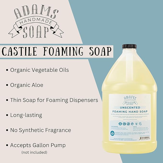 Adams Handmade Soap Thin Castile Foaming Liquid Hand Soap 1 Gallon Refill - Unscented (Pack of 4)