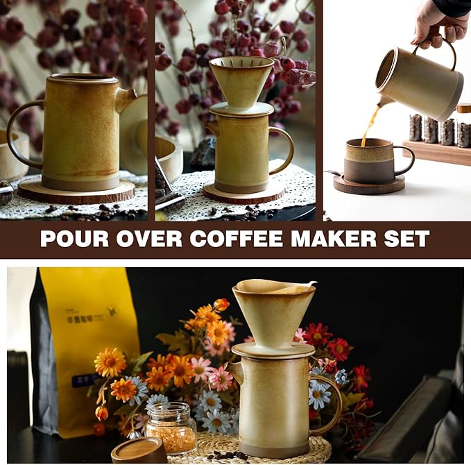 Pour Over Coffee Maker Set Vintage Ceramic Pour Over V60 Coffee Dripper Set with 20 Count Paper Coffee Filters,for Home Café Restaurant Camping,15.8 Ounces(Yellow)
