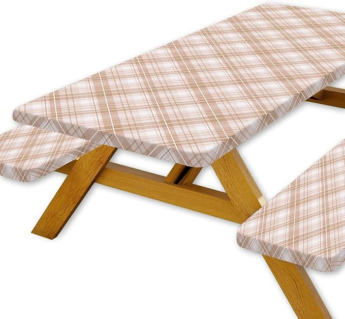 DYNH 3 Pcs Picnic Table Cover with Bench Covers, 6ft Waterproof Reusable Elastic Fitted Rectangle Picnic Table Cloths,30x72IN Beige Plaid Picnic Tablecloth for Camping Patio Travel Outdoor