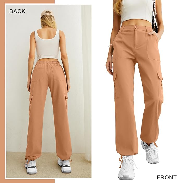 Lepunuo Women's High Waisted Cargo Pants Travel Y2K Streetwear Baggy Stretchy Pants with 6 Pockets Drawstring Ankle Cuffs