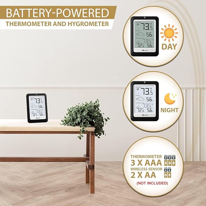 Indoor Outdoor Thermometer Hygrometer Wireless Weather Station, Temperature Humidity Monitor Battery Powered Inside Outside Thermometers with 330ft Range Remote Sensor(Black)