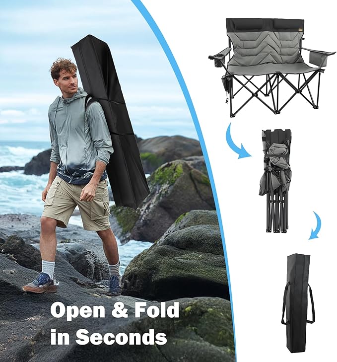 Folding Camping Chair - Oversize Camping Chairs for Adults, 2 Seat Folding Chair Support 650lbs with Pillows & Cup Holders & Cooler Bags- Heavy Duty Chair for Sports Garden Beach Fishing(Blackgray)