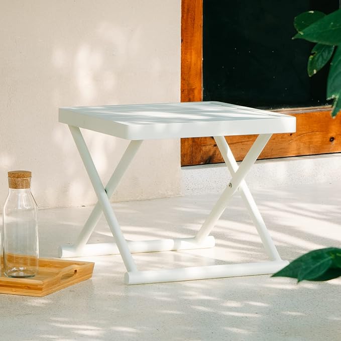 Outdoor Folding Table for Patio Square Side Table for Camping and Picnics Portable Aluminum Tables Foldable Small End Table, Creamy White