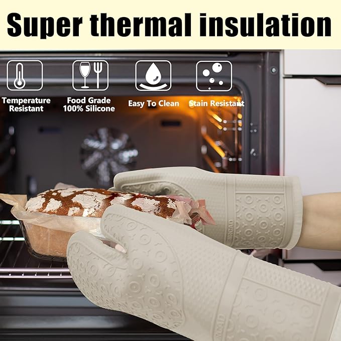 Oven Mitts with Heat-Resistant Hot Pads and Five Silicone Spatulas Designed for Kitchen Baking Cooking, Oven Glove Soft Cotton Lining, Waterproof, BPA-Free (Beige, 12.6)