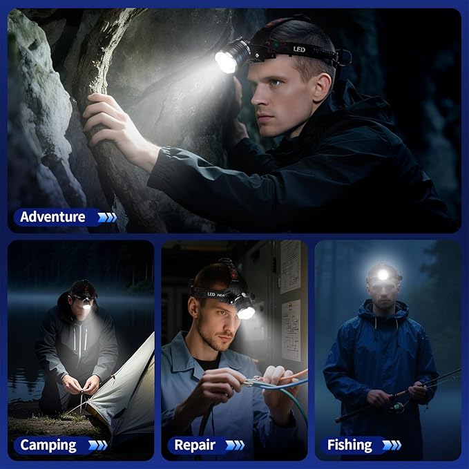Rechargeable Headlamp 3000 Lumens, 5 Modes Head Lamp for Forehead Zoomable, Super Bright Headlamp for Adults Waterproof, 90ยฐ Adjustable Head light & 9000mAh Long Runtime for Camping, Hunting, Hiking
