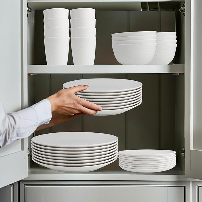 Wheat straw bowl and plate sets of 40 with cups for kids - Unbreakable plastic dinnerware sets service for 8 - Microwave and Dishwasher safe dish sets for kitchen and camping. White