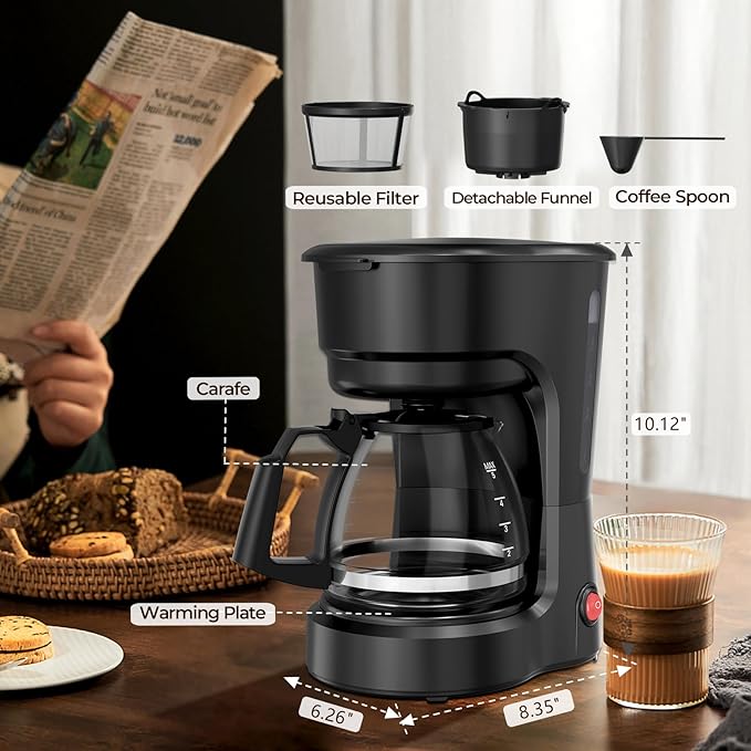 5-Cup Drip Coffee Maker, Compact Coffee Machine with Food-grade Glass Carafe, Always Keep Warm with Manual Switch, Delay Brew, 25oz Water Reservoir, Ideal for Home/Office/Travel/Outdoor - Black