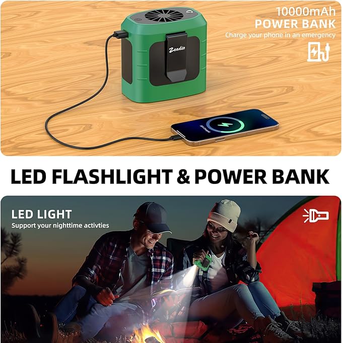 Zeadio Portable Waist Clip Fan, 3 Speeds 10000mAh Operated Hands-free Wearable Necklace Fan, with lighting function for Hot Flashes Home Office Travel Outdoor Sports - Green