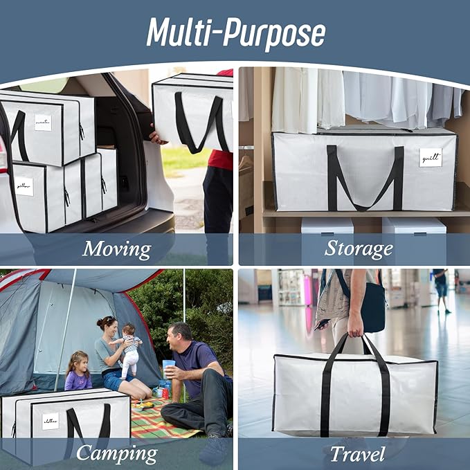 12 Pack Extra Heavy Duty Large Moving Bags with Strong Zipper & Comfortable Handles, Sturdy & Durable Clothes Storage Bags Totes Bins, Packing Moving Boxes for College Supplies, White
