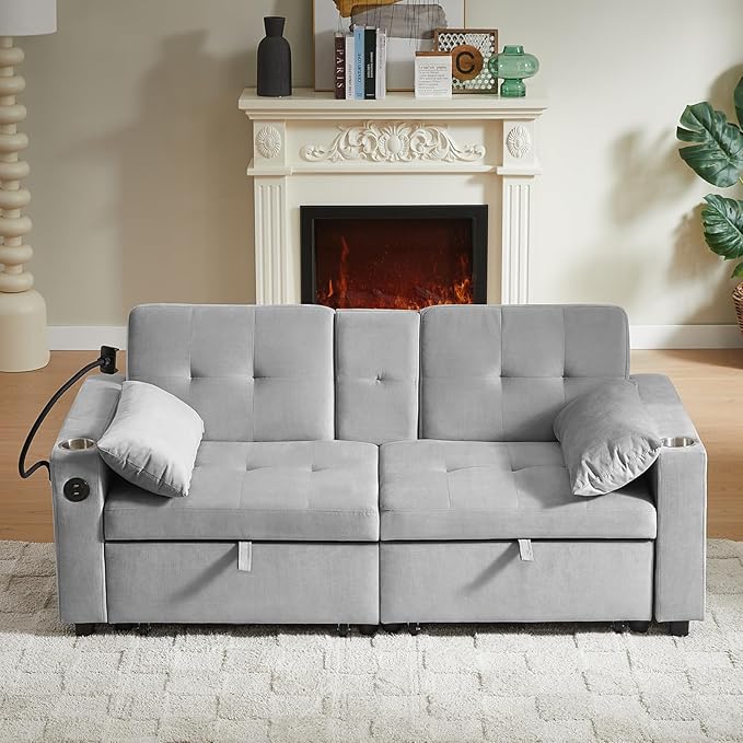 66" Multi-Functional Pull-Out Sofa Bed with Hidden Side Table, Storage Armrests, Built-in Charging Port, Spring Mattress, Solid Wood Frame – Ideal for Small Spaces, Easy Assembly