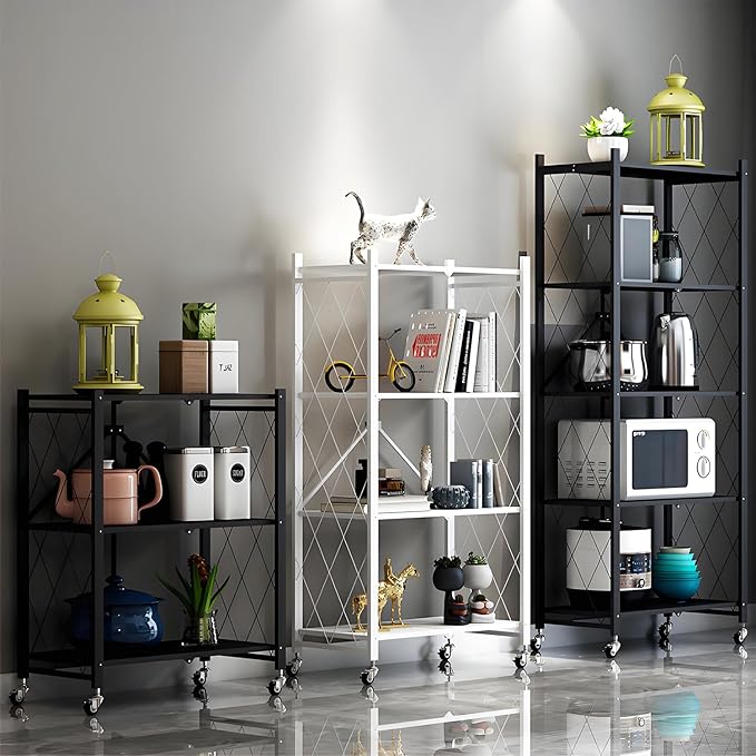 4-Tire Storage Rack, 28*13*63.8in Foldable Metal Garage Storage Shelves Organizer, Portable Metal Kitchen Shelving, Closet Shelving Unit Bakers Rack Microwave Stand, Black(Tiered Shelf-5)