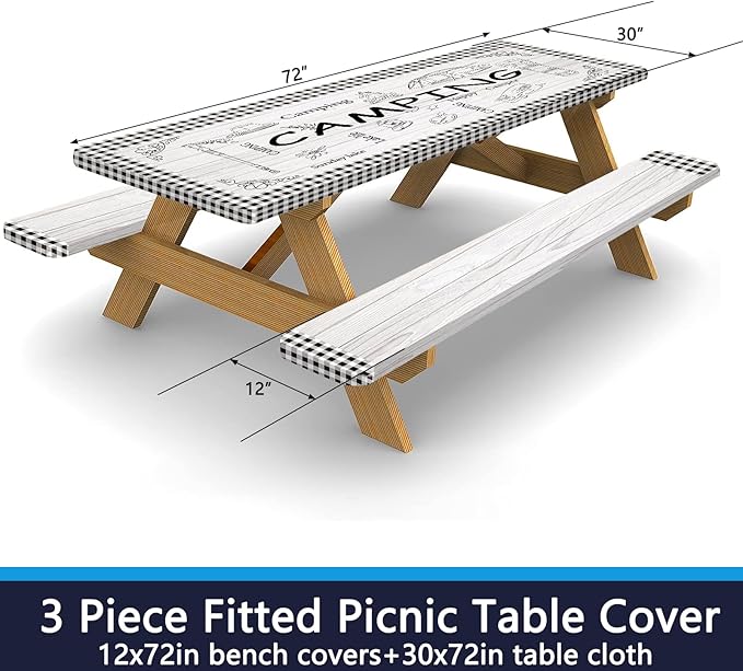 famibay 3 Piece Picnic Table Cover with Bench Covers Checkered Camping Tablecloth Fitted Picnic Table Covers with Elastic Windproof Waterproof Fabric Reusable Camping Table Covers(12" x72"+30" x72")